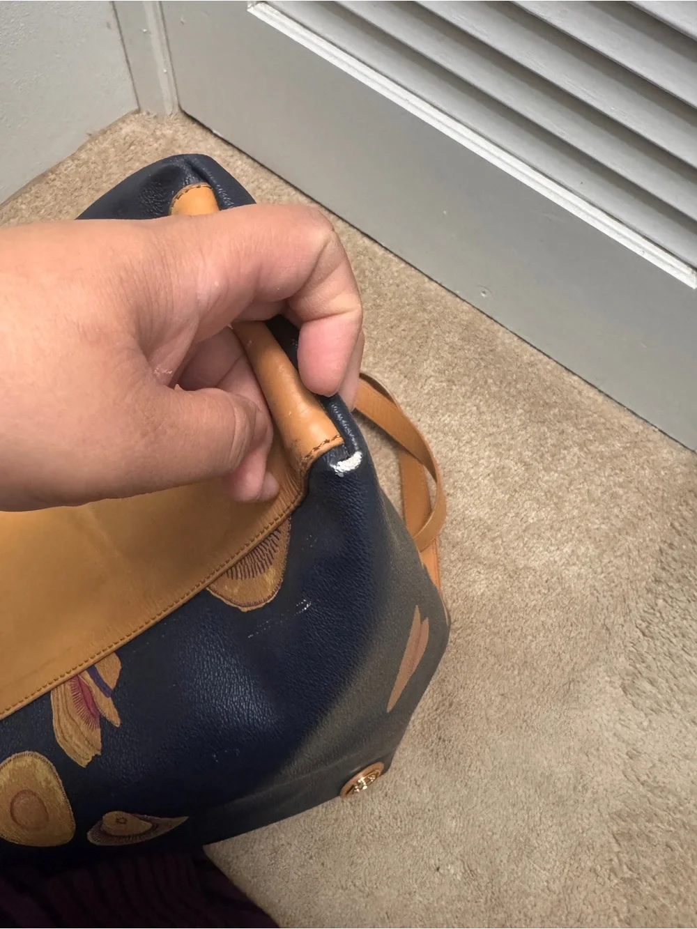 Tory Burch Black Leather Tote with Yellow Hat Motif